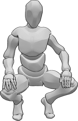 Référence des poses- Pose masculine accroupie - L'homme est accroupi, le dos droit, les mains sur les genoux.
