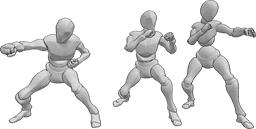 Pose Reference- Three bot in boxing stance - Three bot - 1 woman, 2 men - in boxing stance - Centered view