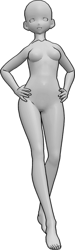 Référence des poses- Pose de femme animée confiante - Femme animée confiante, les mains sur les hanches, pose