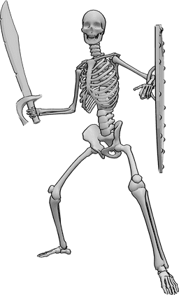 Riferimento alle pose- Posizione dello scheletro del guerriero - Lo scheletro è in piedi e tiene in mano una spada e uno scudo.