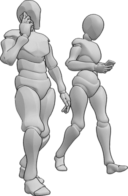 Referencia de poses- Postura de teléfono andante - Mujer y hombre caminan juntos mientras ambos hablan por teléfono