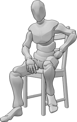 Referencia de poses- Postura de la cadera con las manos sentadas - Hombre sentado en una silla con una mano en la cadera, pose de modelo masculino