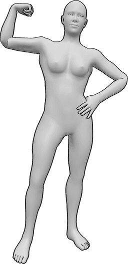 Pose Reference- Showing muscles standing pose - Female is standing with left hand on hip, showing her muscles