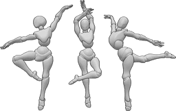 Pose Reference- Females ballet dance pose - Three females are ballet dancing and posing