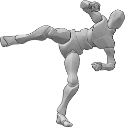 Pose Reference- Right foot kick pose - Male is standing and kicking high with his right foot, leg pose