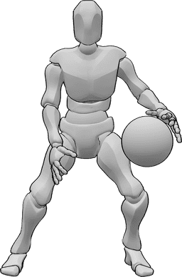 Pose Reference- Dribbling two hands pose - Male is looking forward and dribbling the basketball with two hands