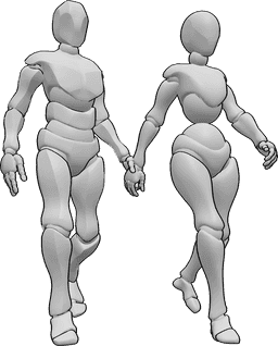 Riferimento alle pose- Posizione di camminata della coppia stressata - Una coppia arrabbiata cammina insieme, tenendosi per mano, camminando di fretta