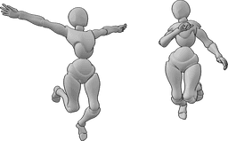 Pose Reference- Females happy jumping pose - Two females are celebrating, happily jumping and looking at each other