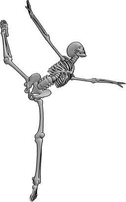 Posen-Referenz- Akrobatische Ballettsprung-Pose - Skelett führt einen akrobatischen Ballettsprung mit einem Frontalspagat aus