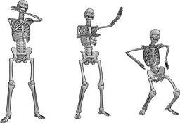 Posen-Referenz- Skelett-Macarena-Pose - Drei Skelette tanzen den Macarena