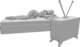 Référence des poses- Femme regardant la télévision pose - La femme se repose, allongée sur le lit et regardant une vieille télévision.