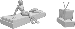 Référence des poses- Lit d'appoint TV pose - La femme est assise sur le lit, les jambes croisées, et regarde une vieille télévision.
