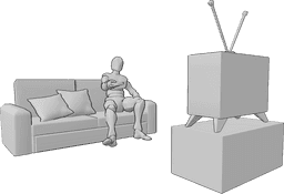 Référence des poses- Changer de chaîne de télévision pose - L'homme est assis sur le canapé et change de chaîne à l'aide de la télécommande.