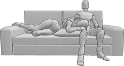 Pose Reference- Watching TV together pose - Female and male couple is watching TV together on the sofa, female is lying on the male