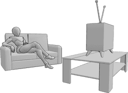 Référence des poses- Canapé regardant la télévision pose - La femme est assise sur le canapé, les jambes croisées, et regarde la télévision.