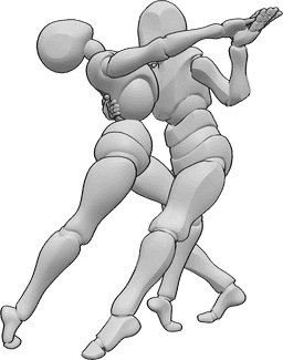 Posen-Referenz- Tango tanzen Schritt Pose - Frau und Mann tanzen Tango, der Mann hält den Rücken der Frau und hält ihre rechte Hand