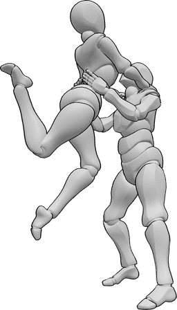 Posen-Referenz- Weiblicher Sprung Tango Pose - Weibliche Tangotänzerin springt hoch und posiert, während der männliche Tänzer sie hält