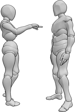 Pose Reference- Female pointing male pose - Female is standing with her left hand on hip and pointing at the male in front of her