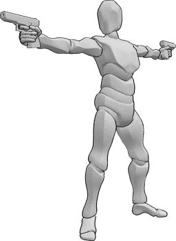 Referência de poses- Apontar duas armas pose - Homem de pé, apontando duas armas em duas direcções e olhando para a direita