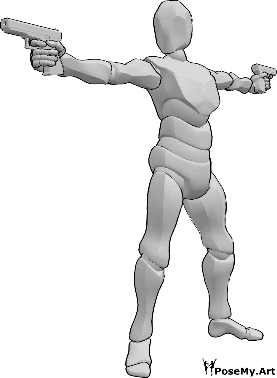 Pose Reference- Aiming two guns pose - Male is standing and aiming two guns in two directions and looking to the right