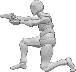 Référence des poses- Homme agenouillé en train de viser - L'homme est agenouillé sur le sol et pointe une arme à deux mains.