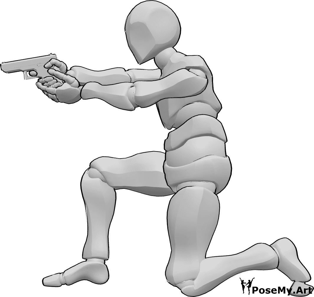 Pose Reference- Male kneeling aiming pose - Male is kneeling on the ground and aiming a gun with two hands