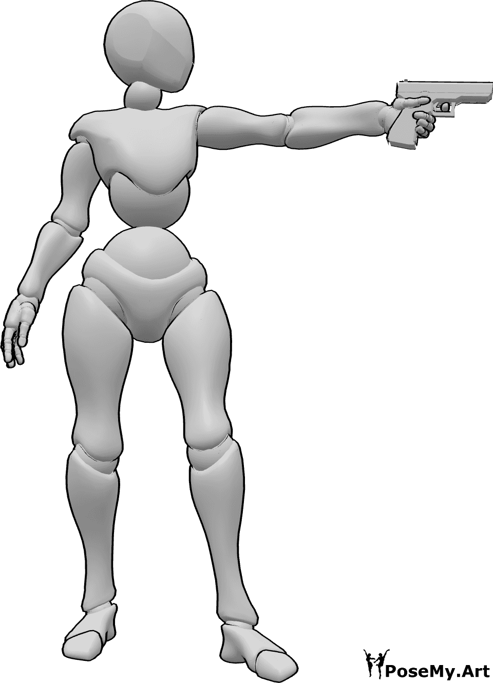 Pose Reference- Female aiming left pose - Female is standing, looking and aiming her gun to te left with one hand