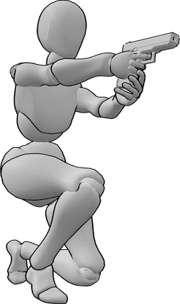 Posen-Referenz- Weibliche kniende Zielpose - Eine Frau kniet auf dem Boden und zielt mit zwei Händen auf eine Waffe