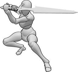 Référence des poses- Pose du bloc d'épée - Femme accroupie, bloquant avec une épée pose