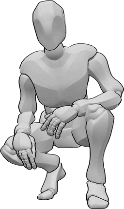 Referencia de poses- Postura masculina en cuclillas - El hombre está en cuclillas, apoyando las manos en las rodillas y mirando hacia delante.