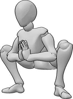 Référence des poses- Position de yoga de l'accroupissement de la prière - Femme en train de faire du yoga, en faisant une pose de yoga de squat de prière.