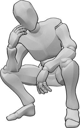 Référence des poses- Homme posant en position accroupie - L'homme pose, accroupi, la main gauche posée sur le genou.