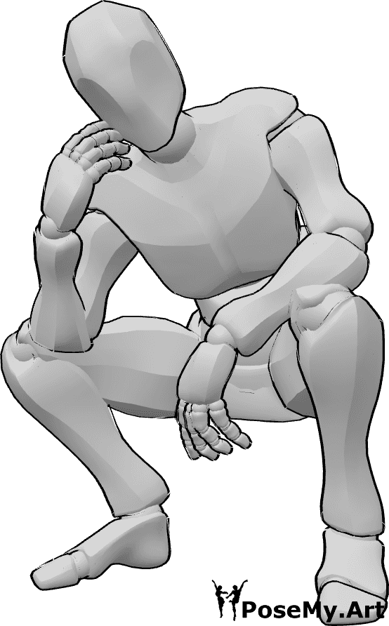 Pose Reference- Male posing squatting pose - Male is posing, squatting, resting his left hand on his knee