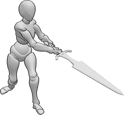Posen-Referenz- Schwertschwung-Pose - Weiblich, ein Schwert schwingend, Pose