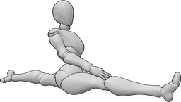 Referencia de poses- Postura frontal femenina - La hembra está haciendo un split frontal, mirando hacia adelante, relajando su mano en la rodilla