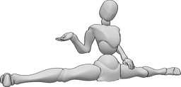 Referência de poses- Pose de abertura lateral feminina - A mulher está a fazer um split lateral, olha para a direita e vira a cabeça