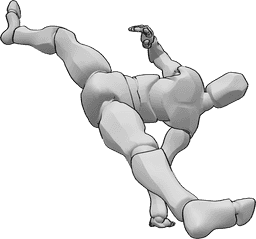 Riferimento alle pose- Una posizione di spaccata in piedi - L'uomo è in piedi sulla mano sinistra e fa una spaccata laterale in aria.