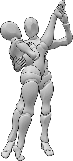 Referencia de poses- Postura dividida hombre mujer - La hembra está haciendo un split frontal de pie y el macho la está sosteniendo