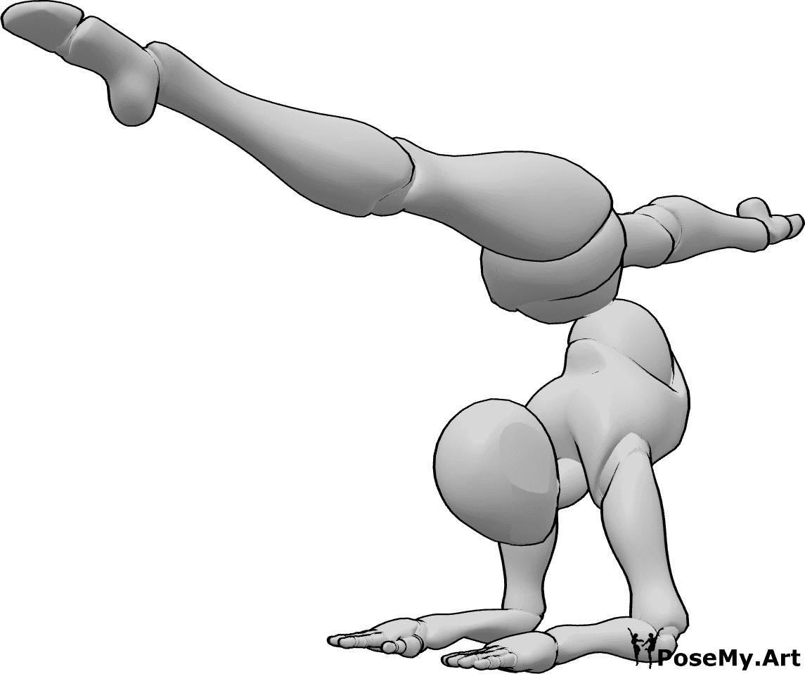 Pose Reference- Elbow standing split - Female is elbow standing and doing a front split in the air