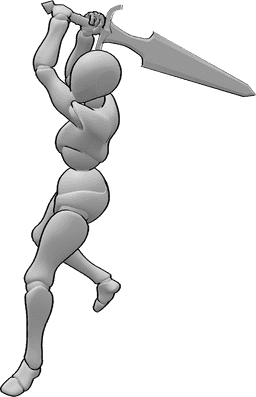 Référence des poses- Pose de l'épée, du saut et de la balançoire - Femme brandissant une épée après une pose de saut