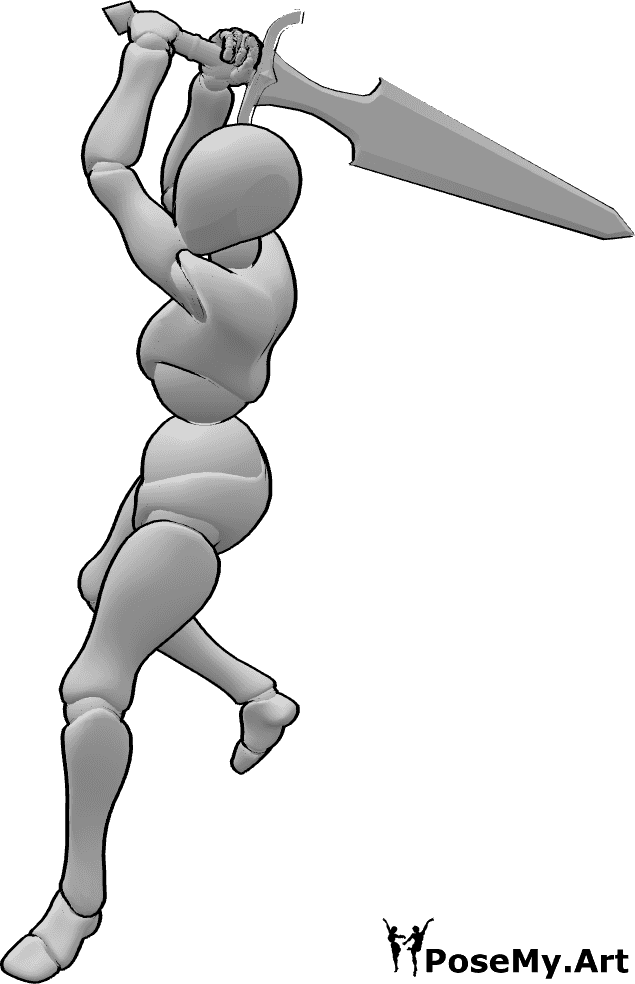 Pose Reference- Sword jump swing pose - Female swinging a sword after a jump pose