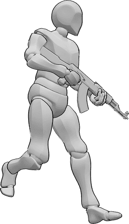Posen-Referenz- Laufen mit AK47-Pose - Mann hält eine AK47 mit zwei Händen, läuft und schaut nach links
