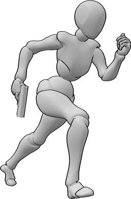 Referência de poses- Pose de arma de corrida feminina - Mulher a correr com uma arma na mão direita, a olhar para a frente