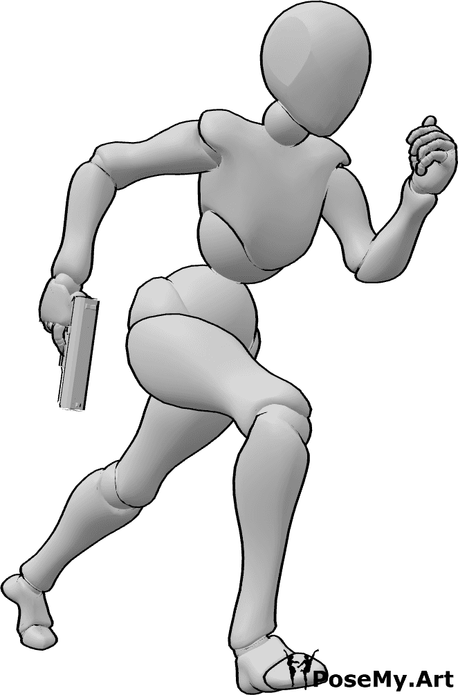 Pose Reference- Female running gun pose - Female is running with a gun in her right hand, looking ahead