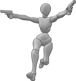 Referência de poses- Pose de duas armas - Mulher a correr, segurando e apontando duas armas em duas direcções