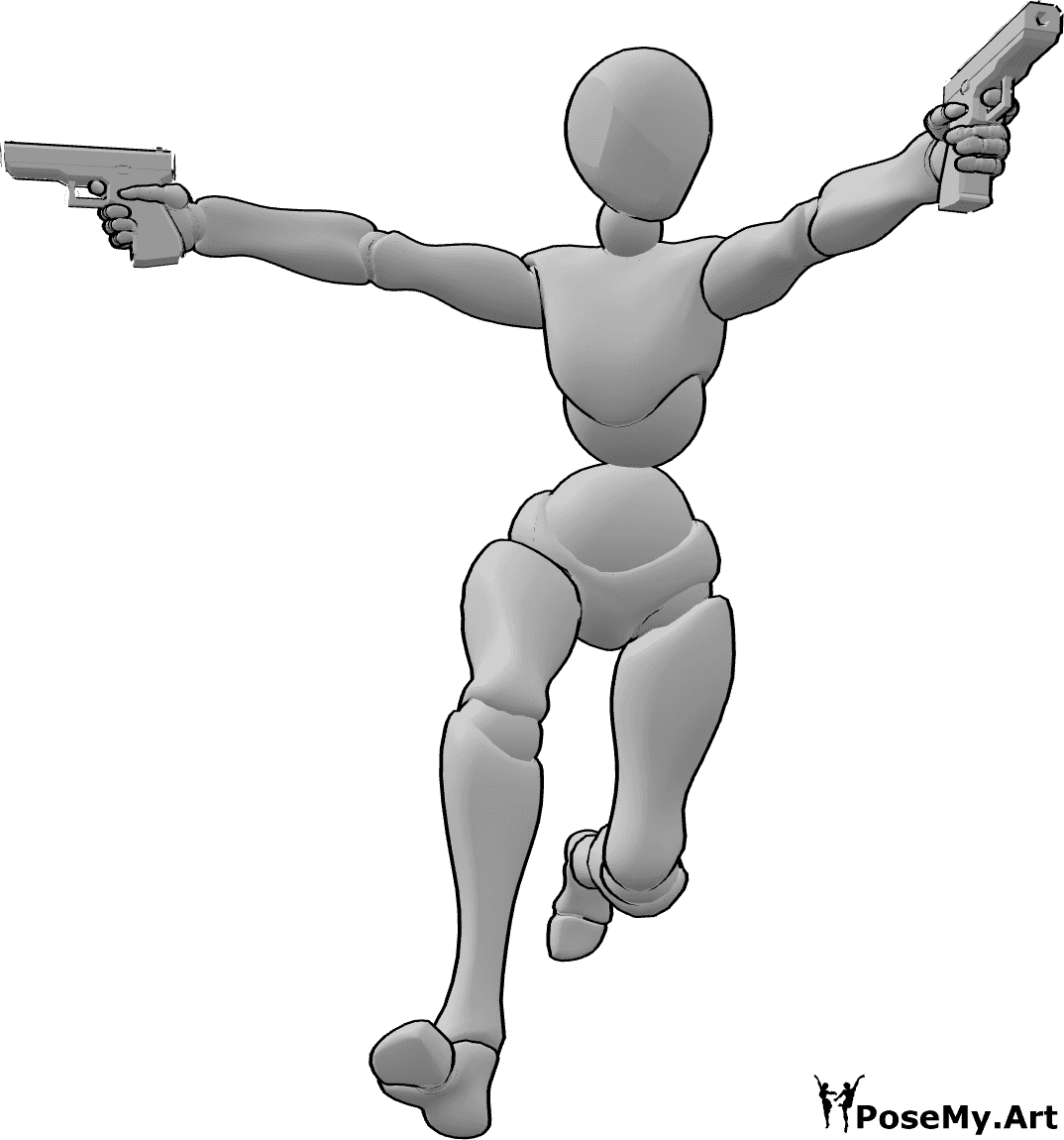 Pose Reference- Running two guns pose - Female is running, holding and aiming two guns in two directions