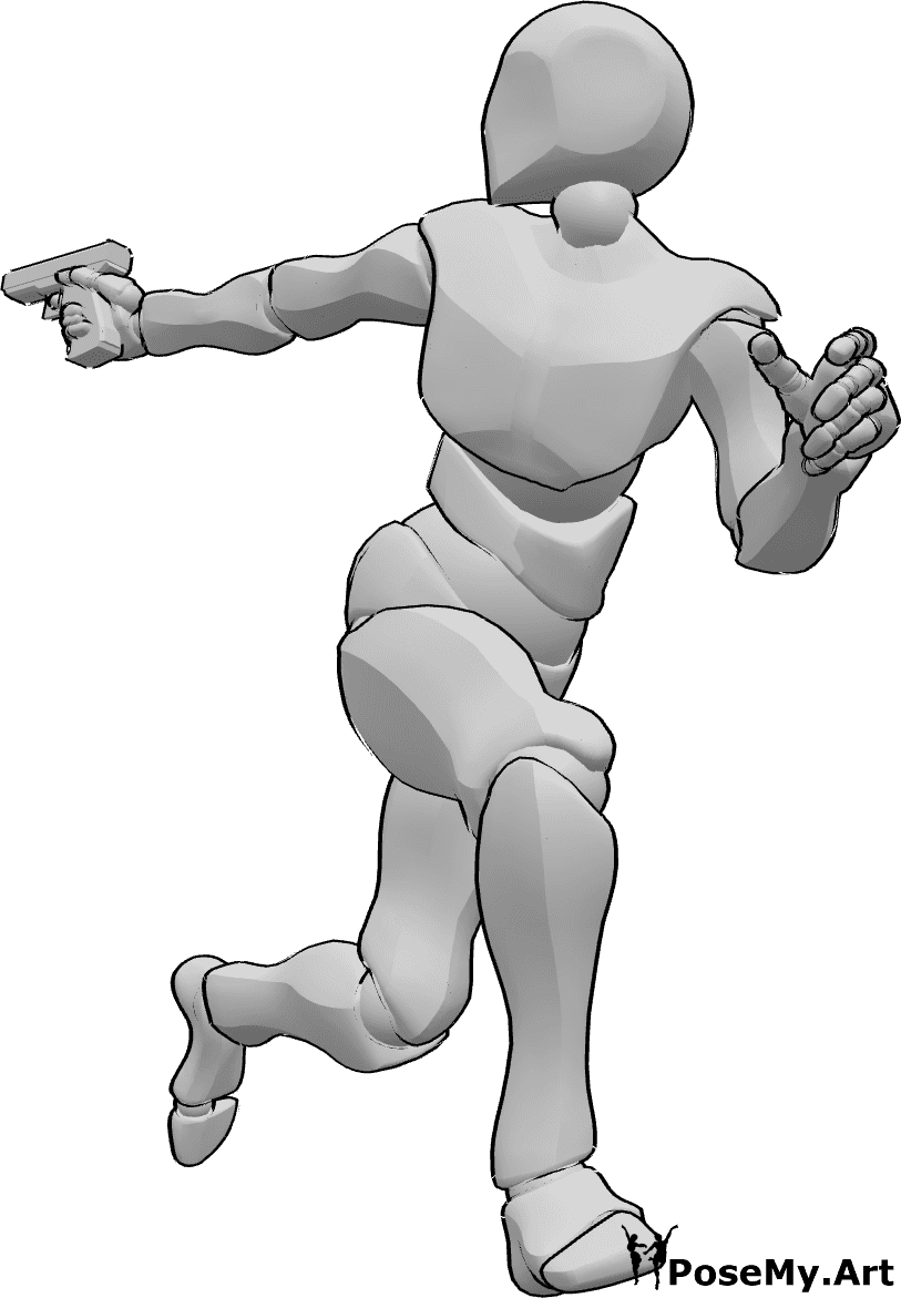 Pose Reference- Running shooting back pose - Male is running with a gun in his right hand, looking back and shooting