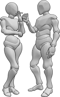Posen-Referenz- Männliche Zigarettenanzünder-Pose - Frau und Mann stehen, Mann zündet der Frau die Zigarette an