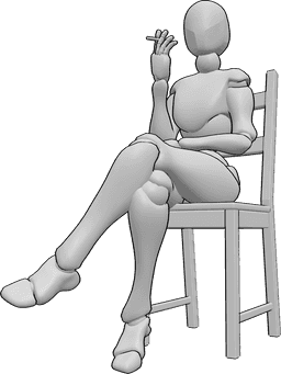 Referência de poses- Mulher sentada a fumar em pose - Mulher sentada numa cadeira e a fumar um cigarro, segurando-o com a mão direita