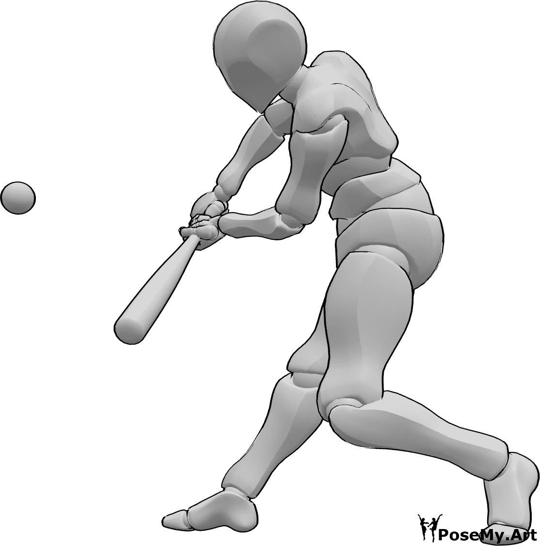 Pose Reference- Hitting low ball pose - Male baseball player is standing and hitting a low ball